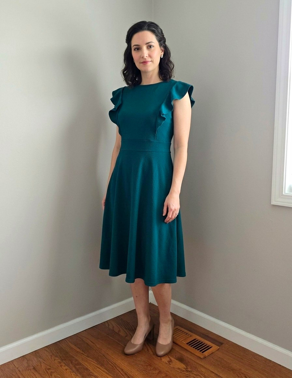YATHON Green Solid A-Line Dress, Flutter Sleeve Round Neck Zip, Women’s L
